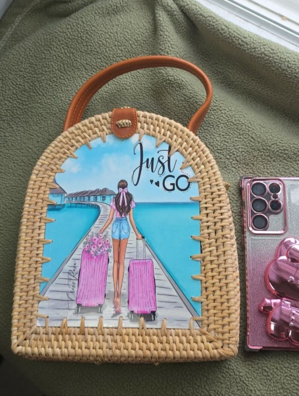 NWT (No Tag) 2 In 1 Woven Straw Backpack/Purse Bag - Pink Accents/ 1012 - Picture 2 of 6